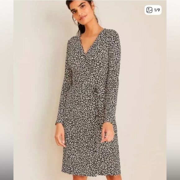 Take 50% OFF- Ann Taylor Black and White Animal Print Wrap Belted Dress, Size-10 - Picture 1 of 9